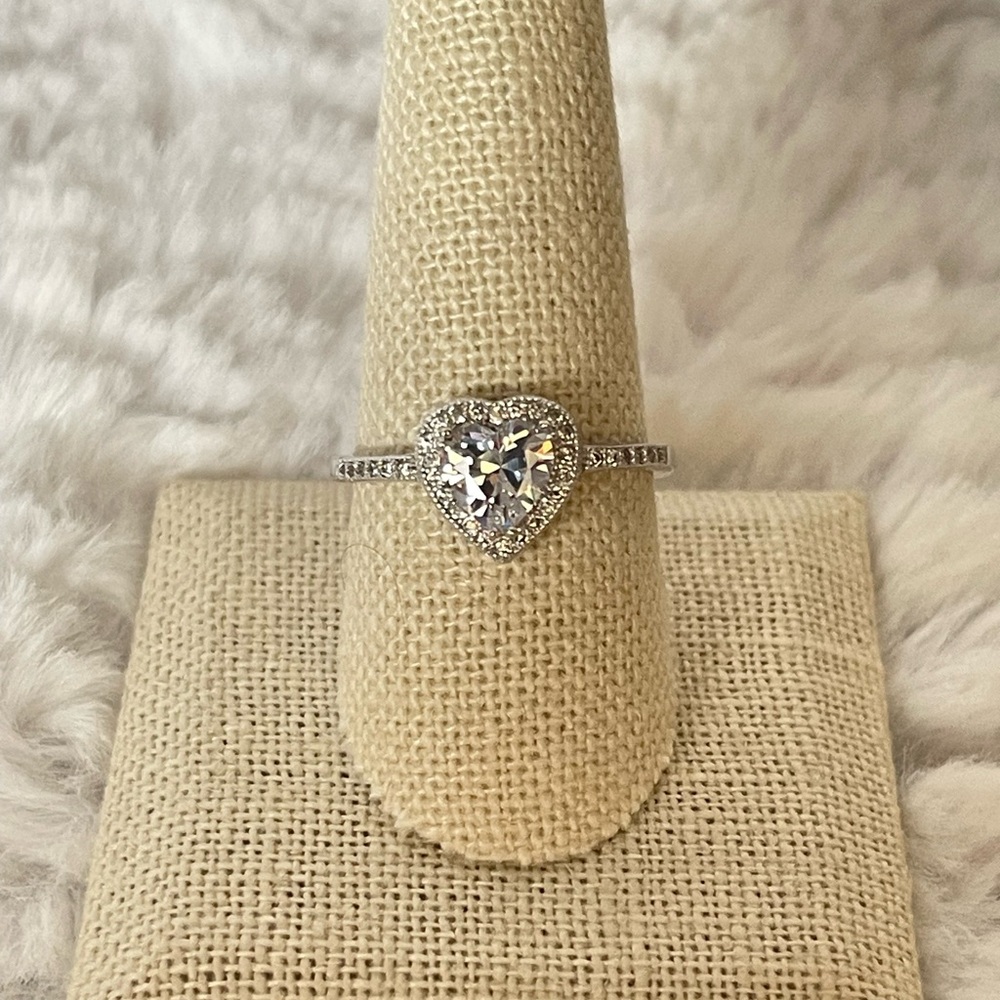JTV Sterling Silver Heart Halo CZ Ring Pavé Band Size 10
